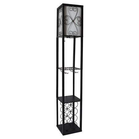 LIGHTING BUSINESS Floor Lamp Etagere Organizer Storage Shelf & Wine Rack with Linen Shade, Black LI2519759